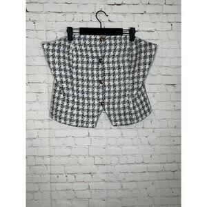 Sincerely Jules Houndstooth Tweed Strapless Button Front Peplum Tube Top XL NWT
